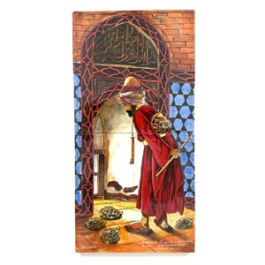 May include: A rectangular tile artwork depicting a figure in red robes and a turban, leaning towards the ground. The scene is set within an arched doorway with intricate patterns and blue and white tile accents. Several turtles are on the ground.