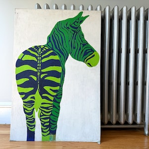 Large Vintage Green Zebra Oil Painting, Safari Zoo Themed Animal Wall Decor, Pop Art
