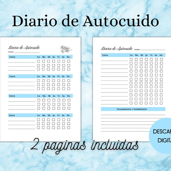 Diario de autocuido, Diario de habitos, Diario de emociones, Diario de pensamientos, Diario digital, Selfcare checklist in Spanish