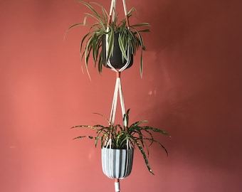 Double Macrame Plant Hanger Made of 100% Recycled Cotton with Wrapped Color Details