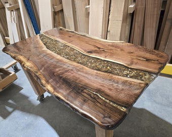 Live Edge Black Walnut Epoxy River Dining Table with River Rocks