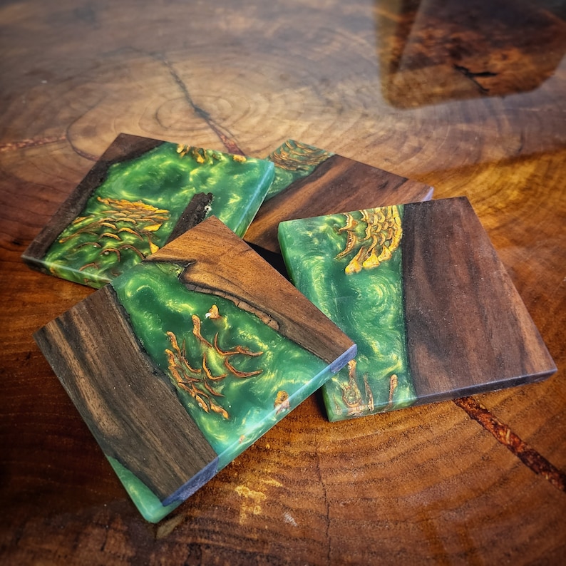 Black Walnut Wood and Forest Green Epoxy Resin Pinecone Coasters