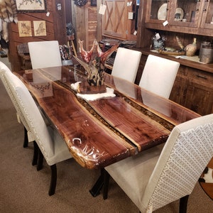 Epoxy & River Rock Walnut Dining Tables | Metal X Legs With Beam | Durable | Rustic Kitchen | 6 foot, 7 foot, 8 foot long options |