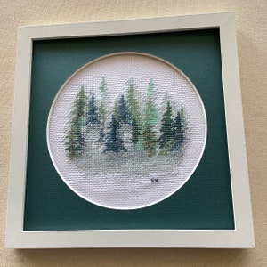 Può includere: Un ricamo a punto croce incorniciato che rappresenta una scena di bosco con un design circolare. Il ricamo presenta una varietà di alberi verdi con accenti blu su uno sfondo bianco. La cornice è bianca con un bordo interno verde scuro.