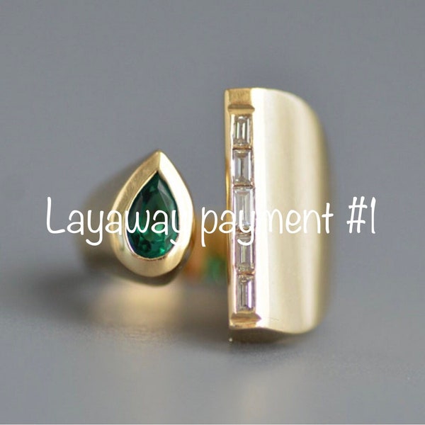 SOLD SOLD Layaway payment #1 - Vintage sculptural diamond baguette and pear shaped emerald ring in 14k gold