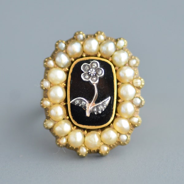 Antique Victorian Era forget-me-not diamond and pearl brooch conversion ring in 14k gold