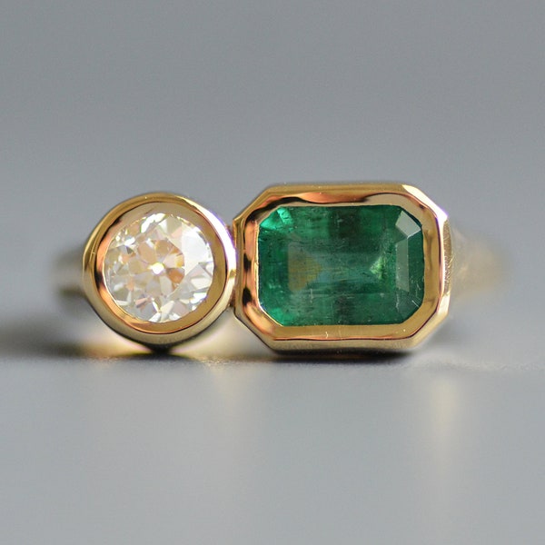 Custom bespoke .67 old mine cut diamond & GRS certified 1.50 ct natural emerald toi et moi ring in 14k gold