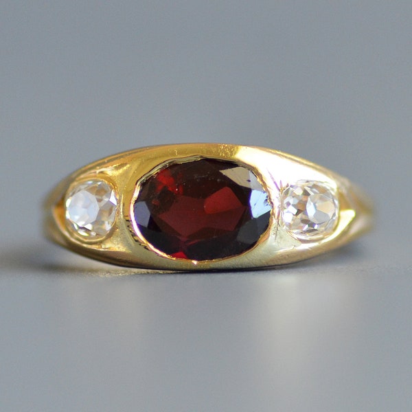 Antique Edwardian gypsy set garnet and old mine cut diamond three stone ring in 18k gold