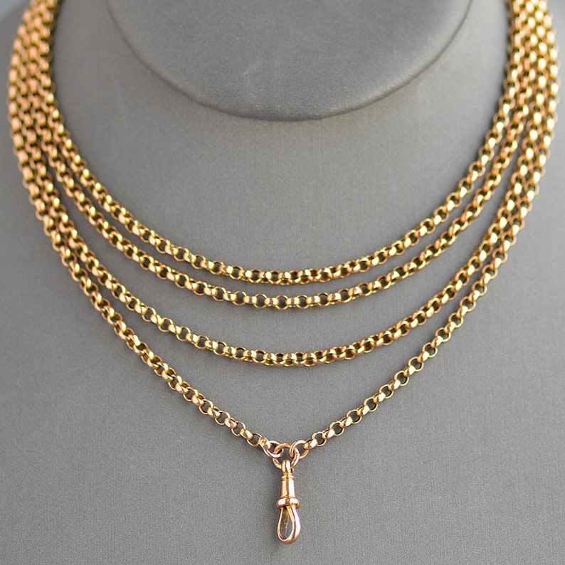 SOLD Layaway payment #4 Antique Victorian Era 56 softly faceted belcher link muff chain with dog clip in 9k gold