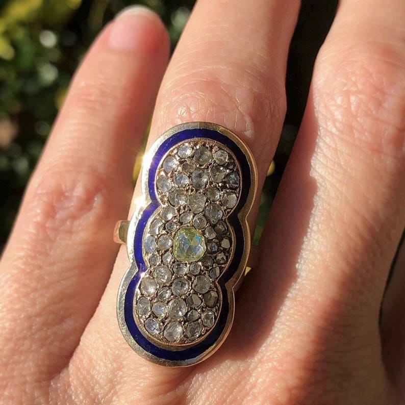 Antique Georgian Era Rose Cut Diamond and Blue Enamel Plaque Ring in ...