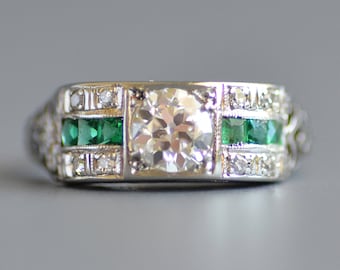 Antique Art Deco period old European cut diamond and emerald ring in 18k white gold