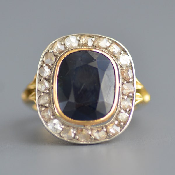 Antique Art Nouveau period French 7.40 ct natural sapphire solitaire with rose cut diamond halo ring in sterling silver & 18k gold