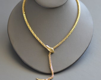 Vintage adjustable length double wheat chain snake necklace in 14k gold