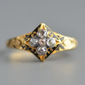 SALE - Antique Georgian/Victorian Era memorial or mourning ring with rose cut diamond & black enamel in 18k gold