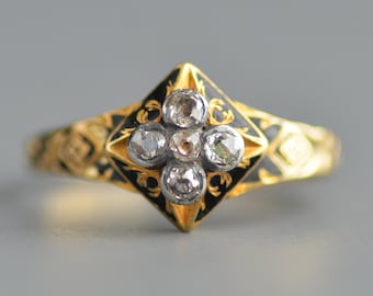 Antiker georgischer/viktorianischer Gedenk- oder Trauerring mit Diamant im Rosenschliff & schwarzer Emaille in 750er Gold