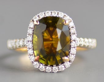 Vintage 3,70 kt toermalijn solitaire met diamanten haloring van 14 kt goud