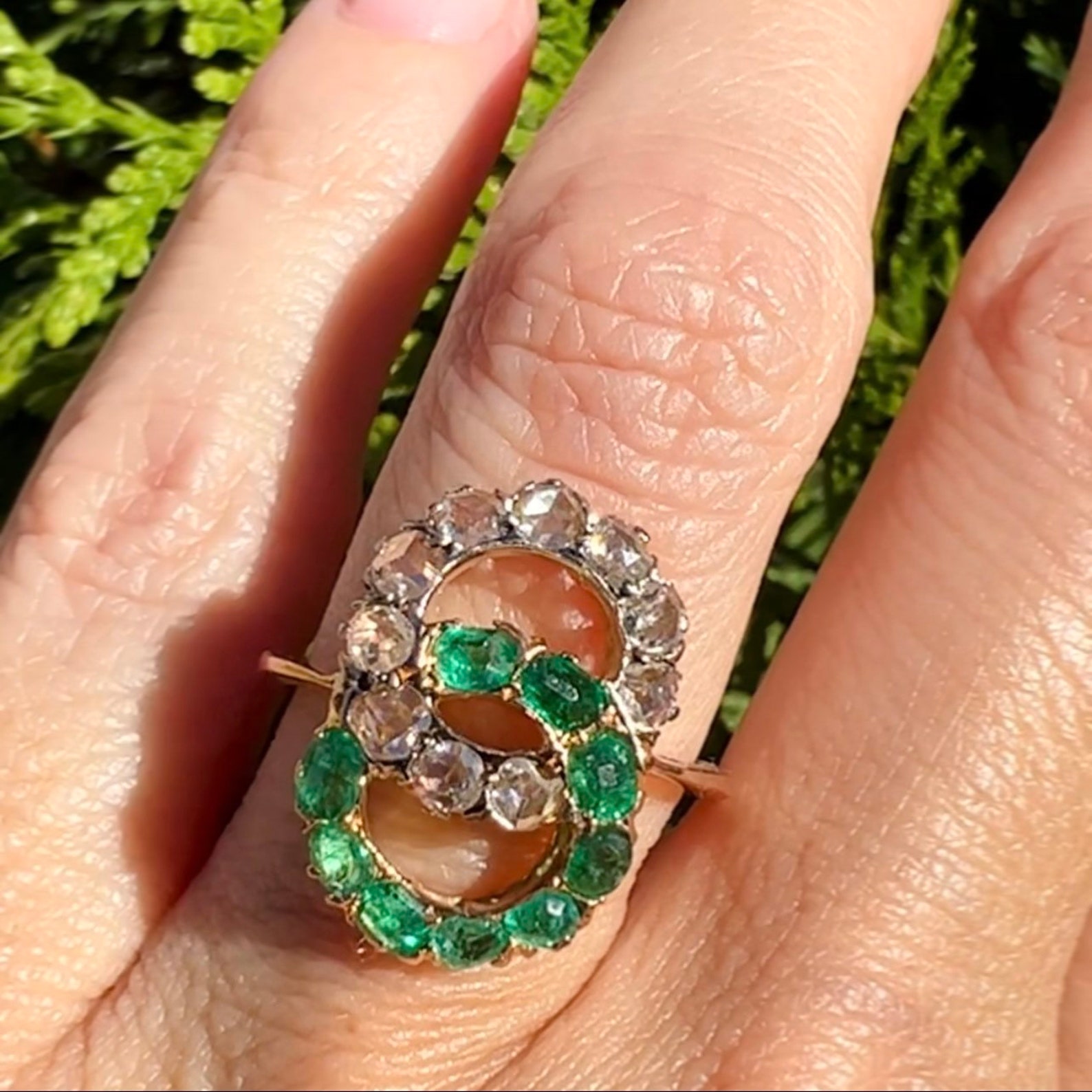 Conjoined Rings Problem Antique Victorian Period Rose Cut Diamond & Emerald Conjoined Circles ...