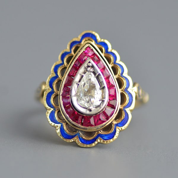 HOLD - Vintage Victorian Revival pear shaped diamond solitaire ring with ruby and blue enamel halo in 14k gold