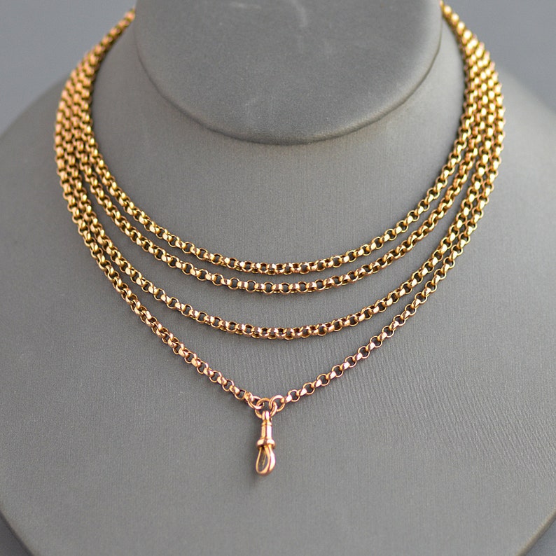 SOLD Layaway payment #4 Antique Victorian Era 56 softly faceted belcher link muff chain with dog clip in 9k gold