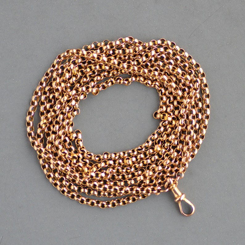 SOLD Layaway payment #4 Antique Victorian Era 56 softly faceted belcher link muff chain with dog clip in 9k gold