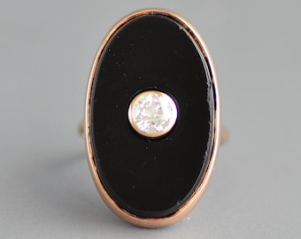 Antique Art Deco period .50 ct old mine cut diamond & onyx large plaque ring in 14k gold