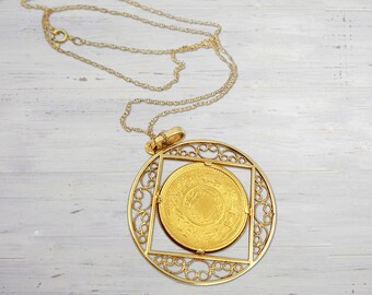 Gold Coin Necklace With Bezel, Saudi Arabian Guinea Coin Bezel Necklace, Wearable Investment, Antique 22K Saudi Coin