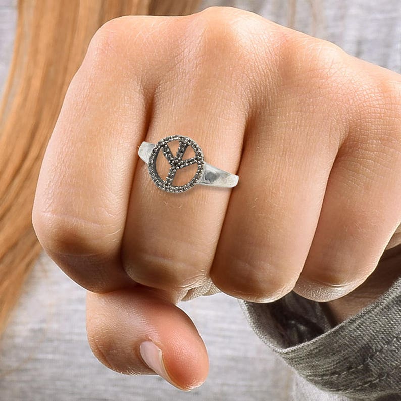 Peace Ring Perfect Gift\u2013 Free Shipping! Gold Ring 10K Solid White Gold Hand Made Designer Size 5 Peace Ring for Her
