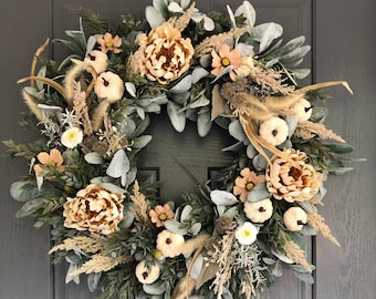 Fall Cream pumpkin lambs ear wreath, Autumn wreath, Country Farmhouse wreath, Fall wreaths for front door