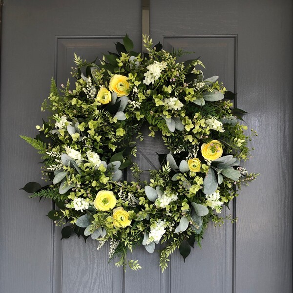 Yellow Ranunculus white lilac Spring wreath, Summer wreath, Farmhouse wreath