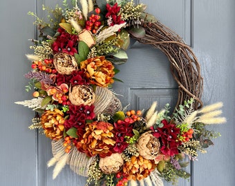Rustic Harvest: Fall Peony and Hydrangea Wreath, Farmhouse Front Door Decor, Fall wreaths for front door