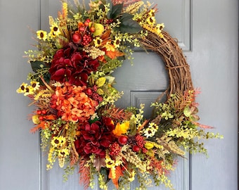 Fall Hydrangea wreath, Fall wreaths for front door, Everyday wreath