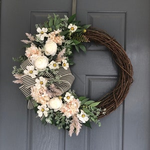 White rose and cream hydrangea spring wreaths for front door, Summer wreath, Everyday wreath