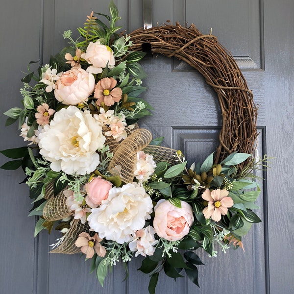 Cream peony spring wreath, Everyday wreath,