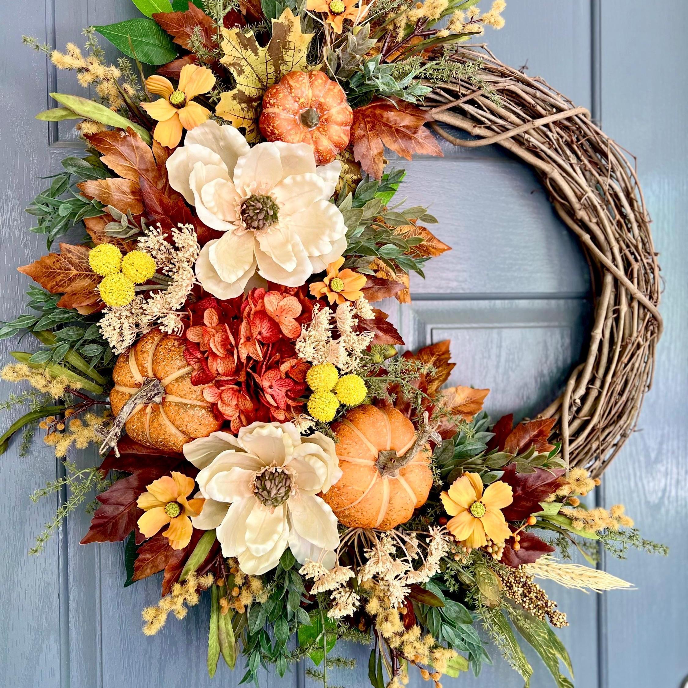Fall Pumpkin Wreath | Cream Magnolia & Orange Pumpkin Grapevine