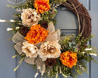 Fall Front Door Wreath | Cream & Orange Pumpkin Wreath | Neutral Autumn Wreath | Rustic Farmhouse Fall Decor | Luxury Harvest Wreat