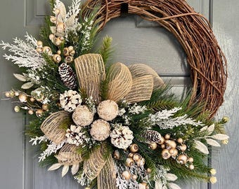Christmas Grapevine Wreath for Front Door, Gold and Cream Winter Wreath, Pinecone Swag with Burlap Bow, Rustic Farmhouse Holiday Door Decor