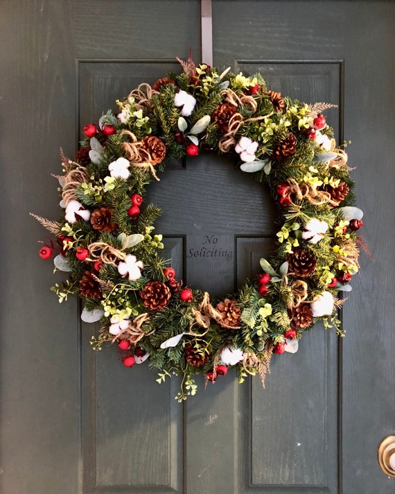 Cotton Wreath Christmas Wreaths For Front Door Christmas Wreath Christmas Door Wreath Rustic Christmas Wreath Christmas Door Wreath