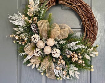 Cream and Gold Christmas Wreath, Holiday Front Door Decor