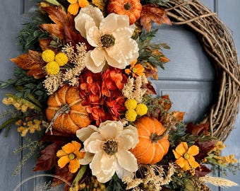 Fall Pumpkin Wreath | Cream Magnolia & Orange Pumpkin Grapevine Wreath | Rustic Farmhouse Autumn Front Door Decor | Handmade Harvest Wreath