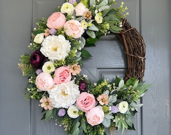 Spring blush and pink peony wreath, Spring wreaths for front door, Mother’s Day wreath, Summer wreath