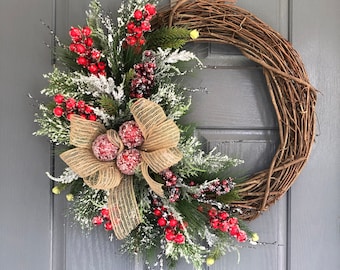 Christmas Wreath, Winter Wreath, Evergreen Wreath, Pine Wreath, Red Berry Wreath, Christmas Wreath for Front Door,