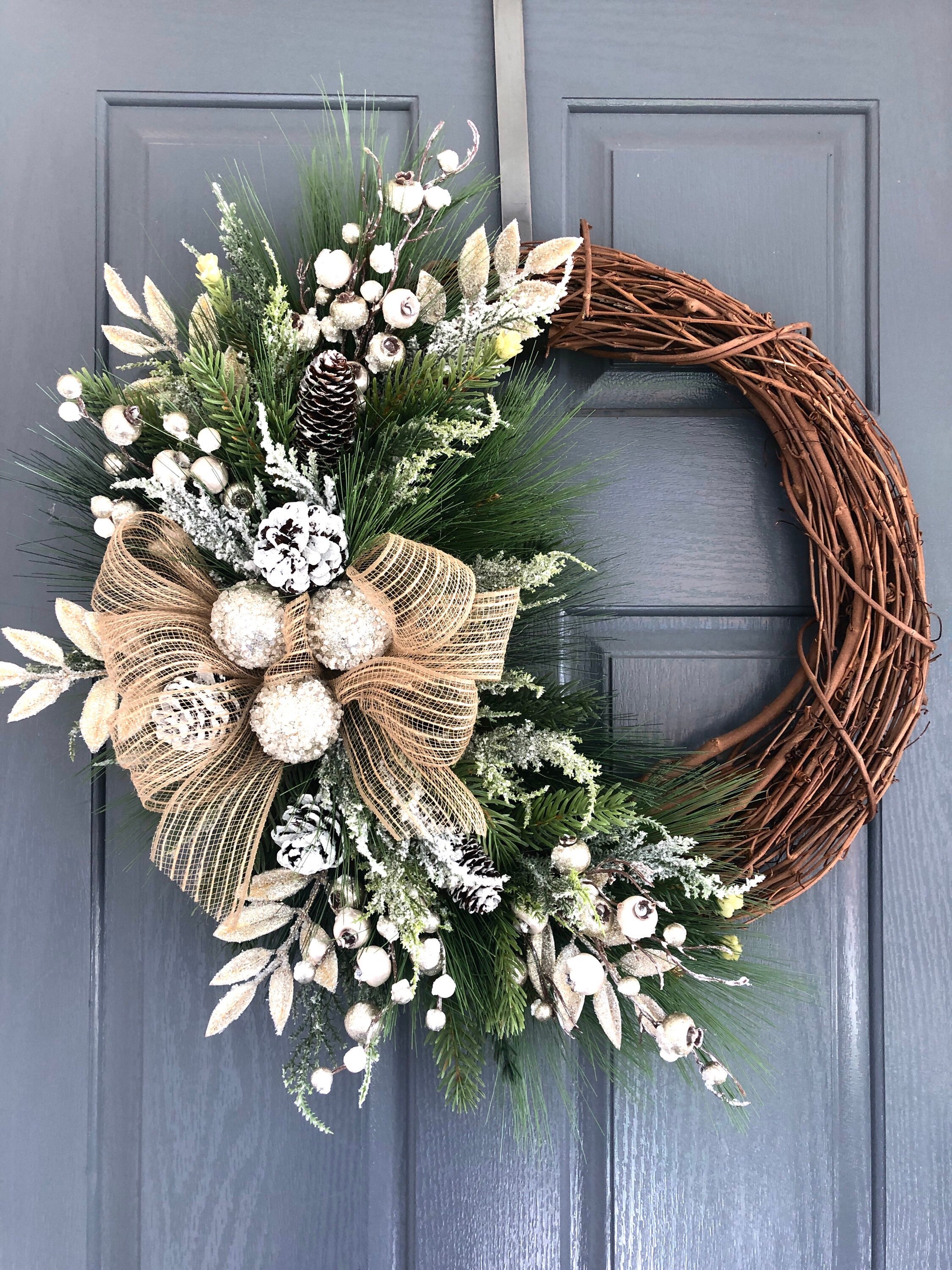 Cream and Silver Christmas Wreath, Berries and Pine Accents - Etsy