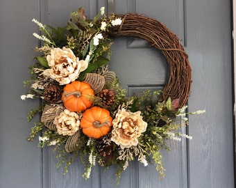 Fall farmhouse pumpkin wreath, Fall wreaths for front door, Peony wreath, Front door wreath