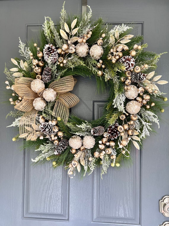 Cream & Silver Christmas Wreath, Holiday Front Door Decor - Etsy