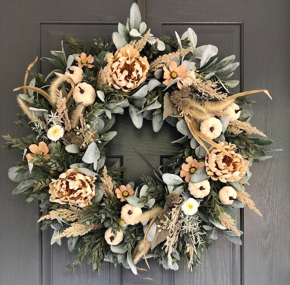 Fall Cream pumpkin lambs ear wreath, Autumn wreath, Country Farmhouse wreath, Fall wreaths for front door