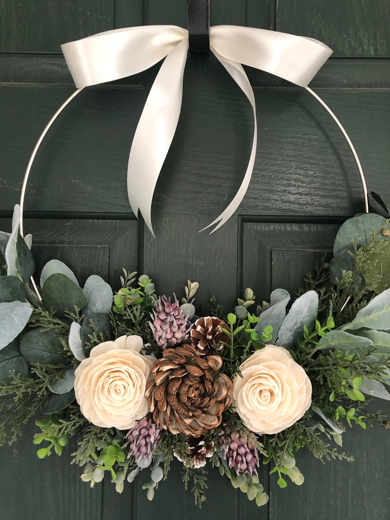 Christmas wreath, wreath for christmas, christmas decor, hoop wreath, modern wreath, door wreath, front door wreath, natural wreath, image 3