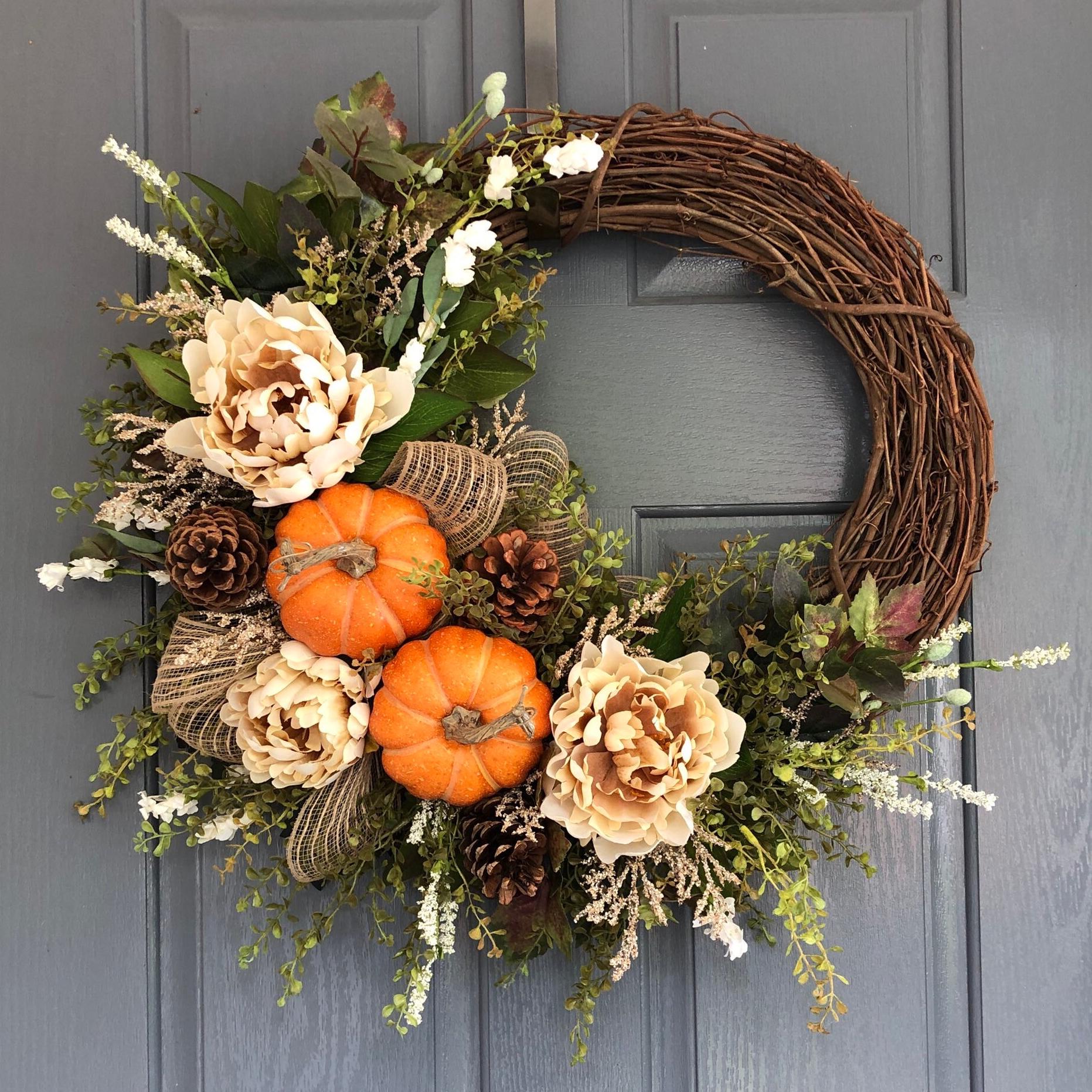24-26 Inch Fall Wreath For Front Door - Pumpkin, Peonies & Hydrangea Autumn Wreath For Thanksgiving, Farmhouse Decor