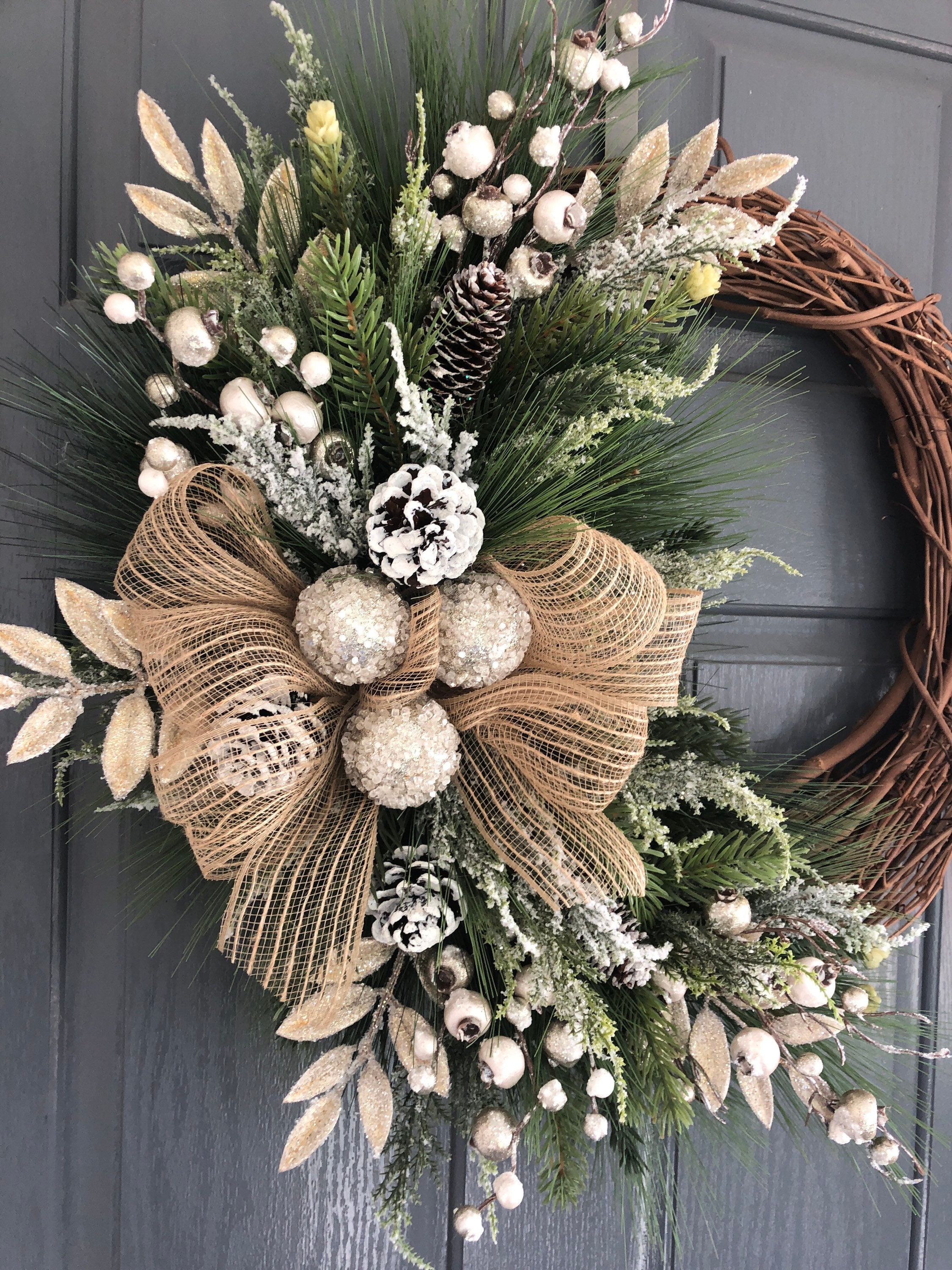 Cream and Silver Christmas Wreath, Berries and Pine Accents - Etsy