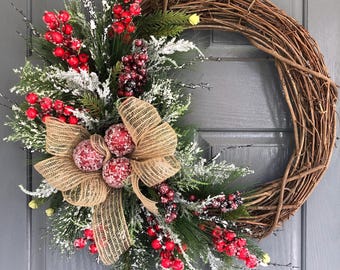 Red Berry Christmas Wreath, Winter Evergreen Door Decor