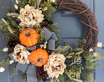Handmade Fall Pumpkin Wreath, Peony & Burlap Bow, Farmhouse Decor